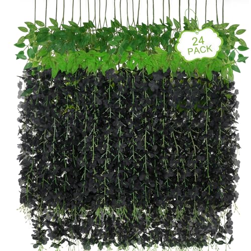 24Pcs Artificial Wisteria Hanging Flowers, 3.6Ft/Pcs Black Fake Wisteria Garland for Wedding Party Home Garden Indoor Outdoor Decoration - color: Black, size: 24Pcs