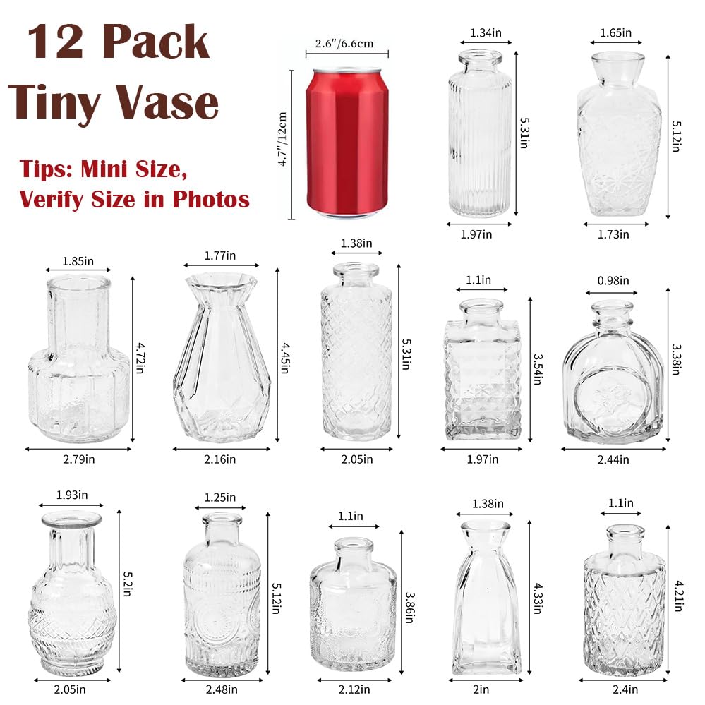 12 Pack Glass Bud Vase Set, Small Flower Vase Set Bud Vases for Wedding Centerpiece Table Decor, Vintage Small Vases for Room Home Dining Party Table Center Decor (Clear Set, 12 Pack) - color: Clear Set, size: 12 Pack