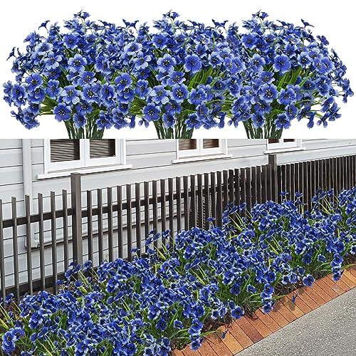 LikSoor 21 Bundles Artificial Outdoor UV Resistant Flowers No Fade Fake Outside Flowers Plastic Greenery Faux Shrubs Garden Porch Window Box Home Decoration(Blue) - color: Blue