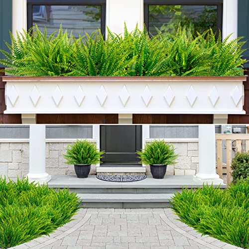 Ouddy Decor 12 Bundles Artificial Boston Ferns Artificial Plants Outdoor Greenery Stems Faux Shrubs UV Resistant for Garden Front Porch Table Window Box Home Decorations - color: Green, size: 12 Bundles