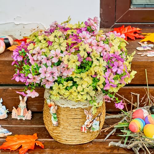 Artificial Flowers for Outdoors Patio Decoration 12 Bundles Fake Flower Cherry Blossom UV Resistant Faux Plants Yard Garden Porch Home Boxwood Patio Spring Easter Decor, Mix Yellow Purple Pink Flower - color: B Purple Yellow Pink Cherry Blossom 12pcs
