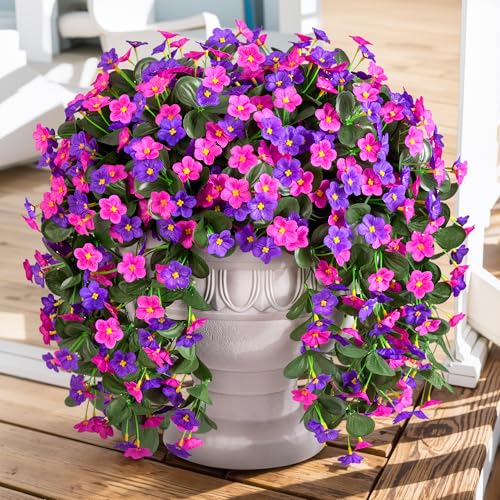 Artificial Hanging Flowers for Outdoor Decor, 2 PCS Fake Silk Orchid Vines UV Resistant Realistic for Home Porch Patio Balcony Planter Decoration(Dark Purple and Fuchsia) - color: Dark Purple and Fuchsia 2