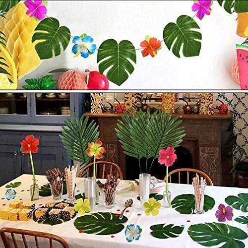 30 Pcs Faux Palm Leaves with Stems Artificial Tropical Plant Imitation Safari Leaves Hawaiian Luau Party Suppliers Decorations,Tiki,Aloha Jungle Beach Birthday Leave Table Decorations - color: 30 Stemmed Palm