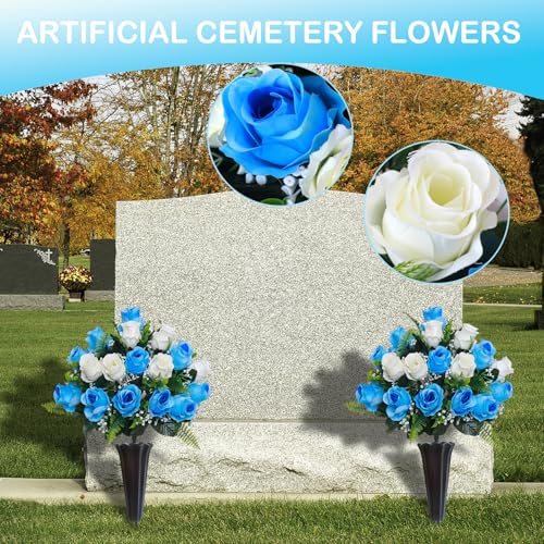 Lodou Set of 2 Artificial Cemetery Flowers, Memorial Flowers Bouquet,Grave Memorial Flowers with Vase for Cemetery Headstones Decoration (Blue White) - color: Blue White