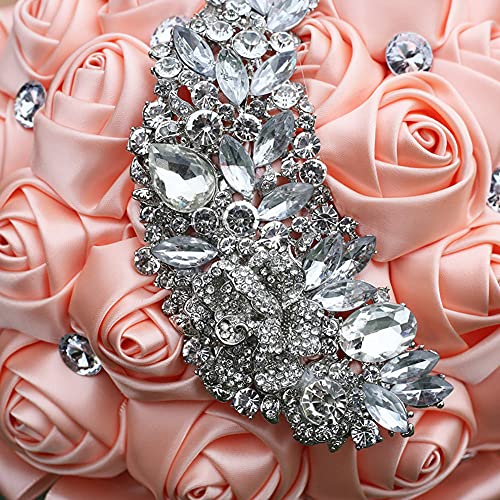 XINNI Handmade Bridal Wedding Bouquet Bride Bridesmaid Satin Rose Flower Bouquet with Meteor Shower Shape Rhinestone Wedding Decoration Shell Pink - color: Shell Pink