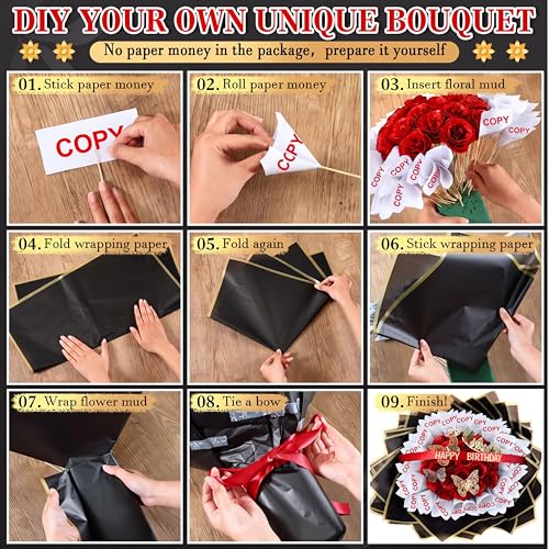 Maysing Money Bouquet Kit 12 Pcs Glitter Roses 20 Sheet Flower Wrapping Paper DIY Flower Bouquet Floral Foam Blocks Sticker for Anniversary Birthday Mother's Day Graduation(Red) - color: Red