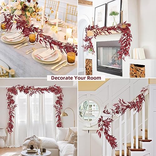RECUTMS Artificial Hanging Willow Leaves Vine Twigs 2Pcs 5.7Ft Fake Silk Burgundy Leaf Ivy Fall Garland Faux Greenery Indoor Outdoor Valentines Day Wedding Birthday Christmas Thanksgiving Party Decor - color: Willow Vines Burgundy 2pcs