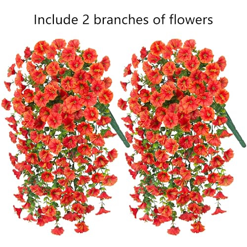 HyeFlora Artificial Faux Hanging Flowers Plants for Outdoor Decor,2 PCS Fake Silk Morning Glory with Eucalyptus UV Resistant Realistic Mums for Wall Home Porch Patio Balcony Yard Indoor Decor, Orange - color: Orange With Green Leaves