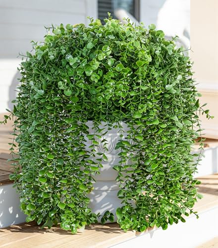 Faux Outdoor Plants Fake Hanging Plants for Outdoors Outside Decorations, 2 Pcs Green Faux Eucalyptus Vines Realistic UV Resistant Artificial Greenery for Planters Porch Garden Yard Front Door Patio - color: Eucalyptus Vine-darkgreen