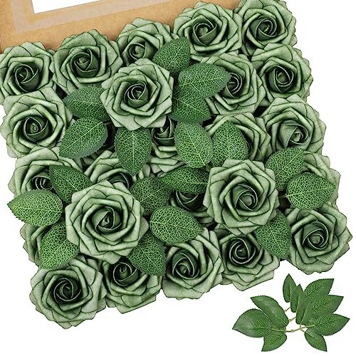 AmyHomie Artificial Flowers Green Rose 25pcs Real Looking Fake Roses w/Stem for DIY Wedding Bouquets Centerpieces Arrangements Party Baby Shower Valentines Day Christmas Tree Decorations - color: Green