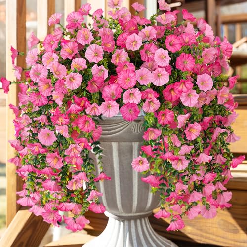 Ivydale 2 PCS Artificial Hanging Flowers Fake Plants Outdoor,Silk Morning Glory Faux Flowers with Eucalyptus Leaves,UV Resistant Realistic Hanging Plants for Home Garden Decor (Pink+Light Pink) - color: Pink+light Pink