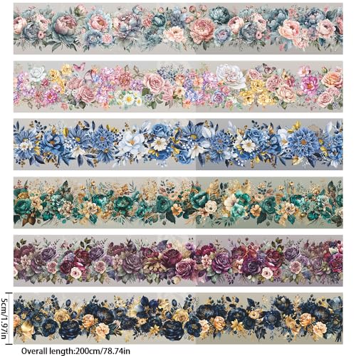 6Rolls Washi Tape Set Scrapbook Supplies,Flower Adhesive Tape Washi Stickers Flowers Plant Decorative Tape Scrapbook Tape Vintage Floral Wide Washi Tape Stickers Scrapbook Stickers Journaling Supplies