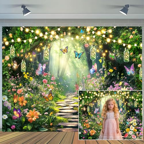 5X3ft Enchanted Forest Backdrop Butterfly Fairy Tale Wonderland Garden Photography Background Wedding Birthday Baby Shower Party Cake Table Decoration Photo Booth Props Wall Decor Banner - color: Multi5, size: 5X3FT