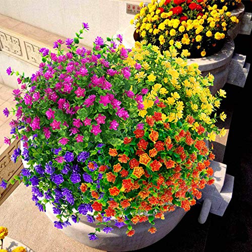 8 Bundles Outdoor Artificial Fake Flowers UV Resistant No Fade Boxwood Faux Plastic Plants for Garden Patio Porch Window Box Home Wedding Farmhouse Décor (Fushia) - color: Fuchsia