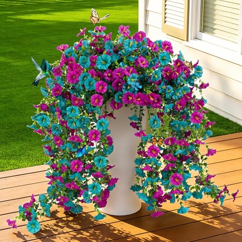 Cascading Fake Hanging Flowers for Outdoors,Realistic Artificial Hanging Plants Yard Decorations,4 Bundles UV Resistant NO Fade Silk Colorful Morning Glory for Outside Garden Planter Front Porch Decor - color: Teal+purple