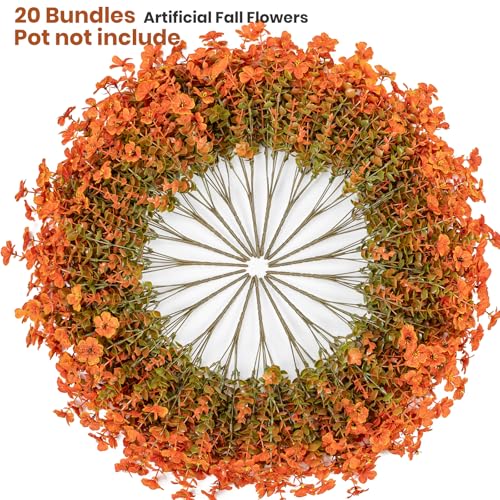 Lnoicy 20 Bundles Artificial Fake Mums for Outdoor Fake Plants for Autumn Decoration,Faux Eucalyptus Flowers for Planter UV Resistant Lifelike for Home Porch Garden (Fall Orange) - color: Fall Orange