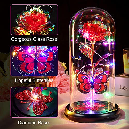 Gifts for Mom Birthday Gifts for Women Red Rose Eternal Flower Light Up Rose in Glass Dome with Butterfly, Galaxy Crystal Flowers Gifts for Grandma Wife Daughter Her Delivery Prime - color: Rose Red