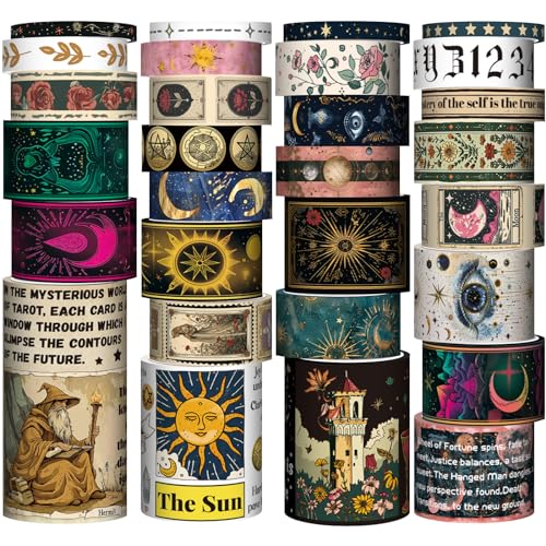 29 Rolls Washi Tape Set - Tarot Theme Decorative Masking Tape Colored Patterns, Vintage Adhesive Artists Tapes for Journaling Supplies, Diy Crafts, Scrapbooking, Junk Journal Supplies, School Supplies - style: Tarot