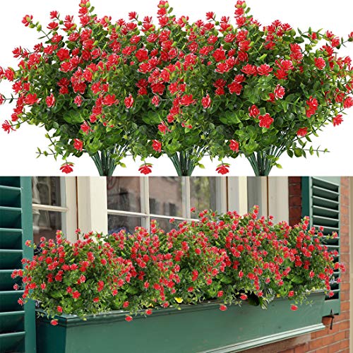 6 Bundles Artificial Flowers, Fake Artificial Greenery UV Resistant No Fade Faux Plastic Plants for Wedding Bridle Bouquet Indoor Outdoor Home Garden Kitchen Office Table Vase (Red) - color: Red