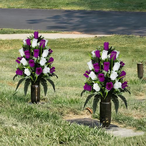XONOR 2 Sets Artificial Cemetery Flowers, Grave Decorations Roses, Memorial Flowers Bouquet with Vase for Grave Cemetery Decoration (Purple Red&White) - color: Purple Red&white