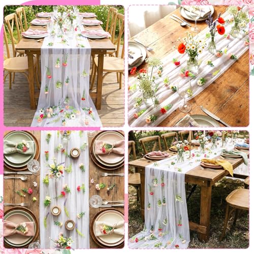 6 Pcs 35.4 Inch Artificial Wildflower Garlands with 3 Pcs 10 Ft Wedding Tulle Table Runner Wildflower Vines Floral Table Runner Garlands for Wedding Bridal Shower Spring Tea Party - style: Small Flower