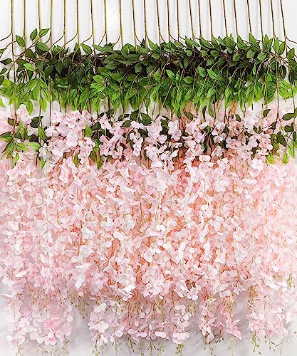 Wisteria Hanging Flowers 12 Pack Artificial Flowers Fake Wisteria Vine Rattan Hanging Garland Silk Flowers String for Party Home Wall Greenery Wedding Decor (Light Pink) - color: Pink, size: 12 PCS