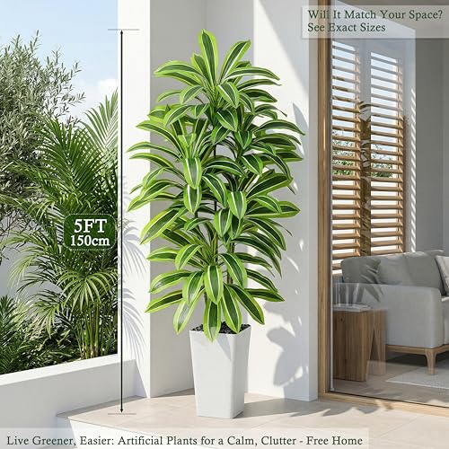 Artificial Dracaena Tree：5FT Faux Silk Tropical Yucca Floor Trees Realistic Fake Green Plant with Natural Wood Trunk & Lifelike Leaves for Home Office Decor Indoor & Outdoor (5FT,1-Pack,White) - color: Light Green – White Pot, size: 5FT