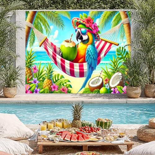BlissYard Tropical Summer Backdrop 8x6ft Beach Photo Booth Background Colorful Parrot Hammock Ocean Island Theme for Luau Party Birthday Celebration Vacation Event Indoor Outdoor Photography Decor - color: Summer Beach#01