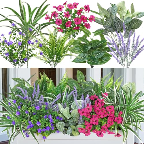 DEMIUKO 20 Bundles Artificial Plants Outdoor Fake Flowers UV Resistant Faux Greenery Stems Fake Ferns Shrubs Plastic Plants for Garden Patio Porch Yard Window Box Home Decor - color: Mix-1, size: 20PCS
