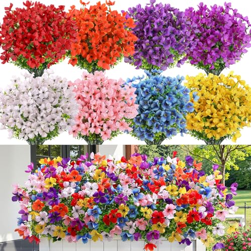 SHareconn Artificial Flowers Outdoors Decoration, Fake Silk mums Eucalyptus Realistic UV Resistant Faux Plants for Outside Indoor Planter Porch Yard Home Spring Decor 20 Bundles, Mix 8 Colors - color: Mix 8 Colors