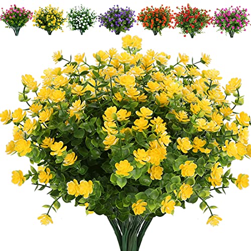 24 Bundles Artificial Flowers Fake Boxwood Shrubs UV Resistant No Fade Faux Greenery Faux Plastic Lotus for Home Garden Hanging Planter Indoor Porch Patio Office Wedding Decoration(Yellow) - color: Yellow