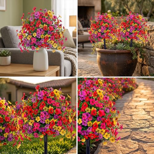 Artificial Petunias with Ground Stake - UV Resistant & Waterproof Faux Flowers for Outdoor Indoor Garden, Yard, Planter, Porch & Home Decor (2pcs) - color: Colorful 2pcs