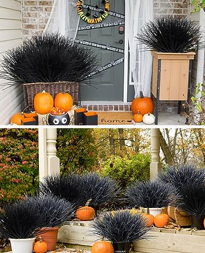 RECUTMS Fake Black Plants,Artificial Grass Fake Plants Outdoor Plants UV Resistant Greenery Stems Fake Grass Halloween Plants for Window Garden Patio Pathway Front Porch Halloween Décor 12Pcs(Black) - color: Black Grass