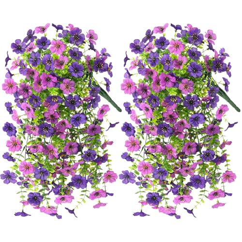 INQCMY 2Pcs Artificial Fake Hanging Flowers for Outdoors UV Resistant Artificial Plants for Spring Summer Decor Look Real Faux Flowers for Outside Home Planter Porch Patio Decor - color: Purple1