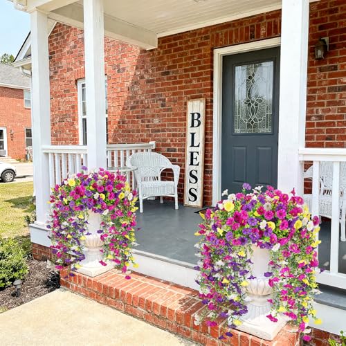 Artificial Hanging Petunias Flowers for Outdoor, 8pcs Fake Plants Long Vine Morning Glory Eucalyptus, UV Resistant Realistic Faux Greenery Outside Patio Porch Garden Spring Summer Decor, Mix Color - color: Purple Yellow White