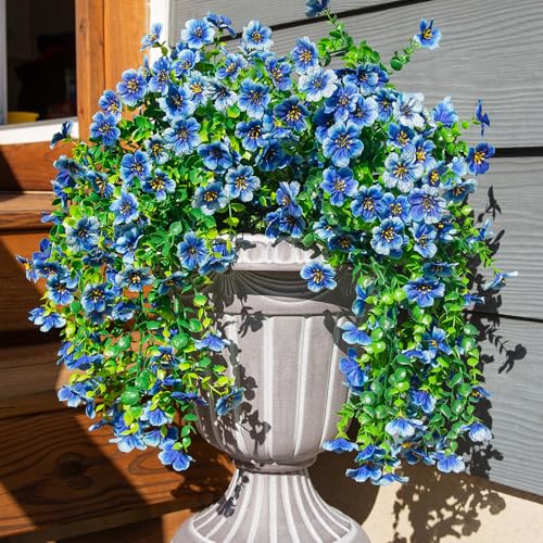 Artificial Faux Hanging Flowers Plant for Fall Outdoor Outside Decoration, 2 PCS Fake Silk Violets with Eucalyptus UV Resistant Realistic Daisy Trailing Vines for Balcony Yard Patio Porch Planter,Blue - color: Blue