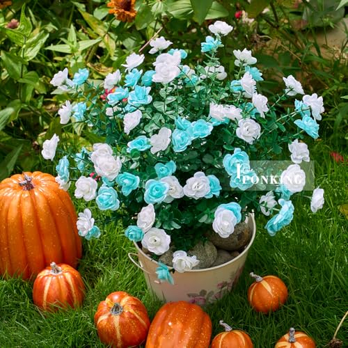 PONKING Artificial Flowers for Outdoors Patio Decoration 6 Bundles Fake Flower Rose Head UV Resistant Faux Plants Yard Garden Porch Home Boxwood Patio Independence Day Decor, Mix Blue & White Flower - color: C White Blue Rose 6pcs