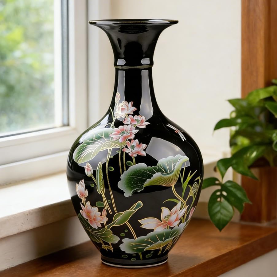 9.45'' China Style Decorative Vase, Classic Ceramic Vases for Art Home Decoration, Chinese Retro Porcelain Ceramic Vase with Base, Jingdezhen Ceramic Oriental Vase - Black - color: Black