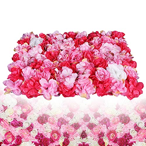 6 Pcs Artificial Flower Wall Panels 60x40cm 3D Flower Background for Wall, Wedding Flower Decorations Wall Silk Rose Panels for Candy Wall, Photo Areas, Stage Background(Dahlia + Rose + Hydrangea) - color: 6 Pcs Rose Red Deep Powder