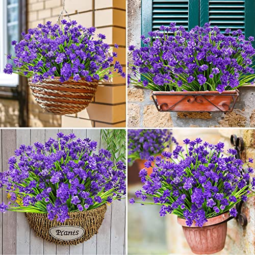 AmyHomie 20 Bundles Artificial Flowers for Outdoor Outside Spring Summer Decoration UV Resistant Faux Flowers No Fade Fake Plastic Plants Garden Porch Window Box Decorating - color: Dark Purple, size: 20