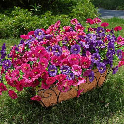HyeFlora Artificial Flowers for Outdoors Fake Plants Outside Decoration, 12 Bundles Silk Colorful Morning Glory with Eucalyptus UV Resistant Realistic Faux Flowers for Planter Porch Patio Yard Garden - color: Purple Fuchsia