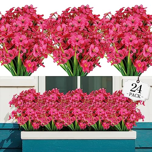 AGIRL 24 Bundles Artificial Flowers for Outdoor,No Fade Fake Plastic Flowers Faux Plants for Decoration Hanging Planters Indoor Outside Garden Porch Window Box Home Wedding Farmhouse - color: Fuchsia, size: 24