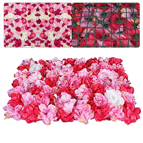 6 Pcs Artificial Flower Wall Panels 60x40cm 3D Flower Background for Wall, Wedding Flower Decorations Wall Silk Rose Panels for Candy Wall, Photo Areas, Stage Background(Dahlia + Rose + Hydrangea) - color: 6 Pcs Rose Red Deep Powder