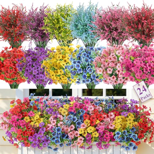 SHareconn 24 Bundles Artificial Flowers for Outdoors Decoration, Faux Plants Fake Silk Colorful Daisy Eucalyptus Lavender, UV Resistant for Outside Home indoor Spring Decor,RedRosyPurpleBlueYellowPink - color: Redrosypurpleblueyellowpink