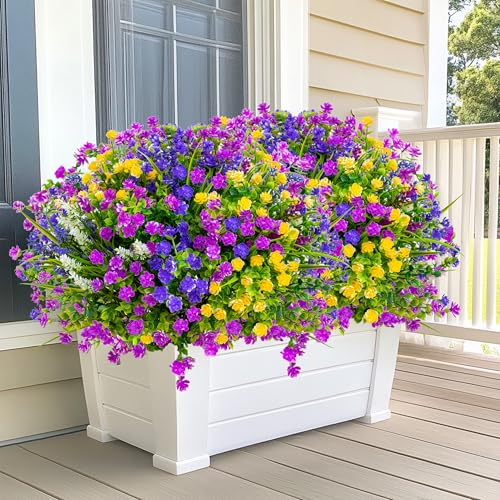 AXYLEX Artificial Flowers Outdoor Fake Plants - 12 Bundles UV Resistant Shrubs No Fade Faux Plastic Greenery Home Garden Porch Patio Decoration Indoor (1, Multi-12pcs) - color: 12 Pcs - Magenta+purple+yellow+lavander