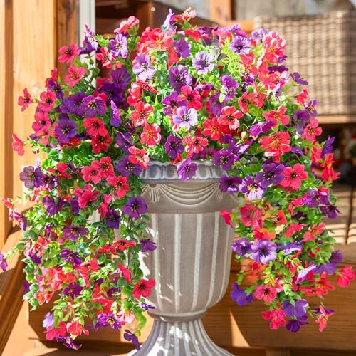 HyeFlora Artificial Flowers for Outdoors Decoration, 2Pcs Fake Hanging Spring Summer Decor, Purple and Hotpink Realistic Plants, UV & Fading Resistant Silk Flower for Porch Patio Balcony Planter Yard - color: Darkpurple+hotpink