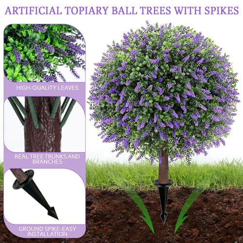Artificial Boxwood Topiary Ball Trees with Lavender with Spikes for Outdoor 27" Set of 2, UV Resistant Faux Greenery Shrubs, Realistic Fake Bushes Plants for Garden Yard Front Porch Patio Decor - color: Boxwood Lavender