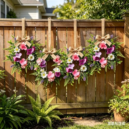 6 Pcs Summer Tropical Mini Hanging Wreaths for Cabinets Artificial Hibiscus Flowers Small Candle Ring Wreaths with Fern Fronds for Home Kitchen Front Door Window Farmhouse Porch Wall Hanging Decor - color: Tropical Flowers