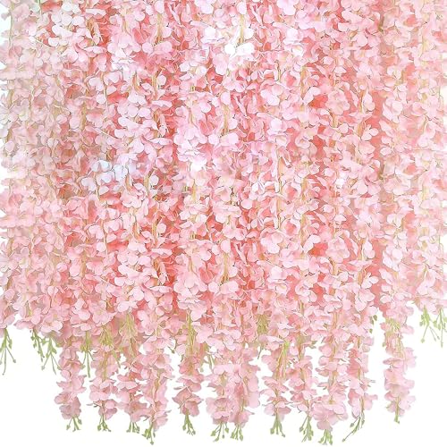 Wisteria Flower Vines Garland, Artificial Flower Strings, Fake Hanging Flowers, Silk Wisteria Garland Flowers, Flower Vine for Wedding Garden Decor （Peach - 20 Vines） - color: Peach - 20 Vines