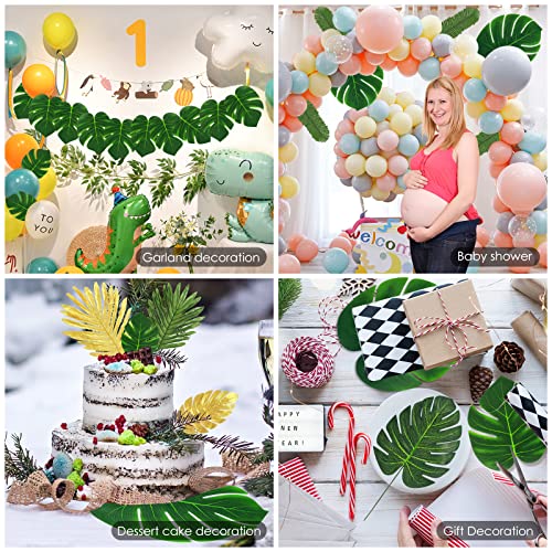 QUANQIUFEI 100 Pcs 8 Kinds Artificial Palm Leaves Tropical Fake Leaves, Monstera Leaf Gold and Green Faux Leaves for Safari Jungle Hawaiian Dinosaur Luau Party Table Decoration